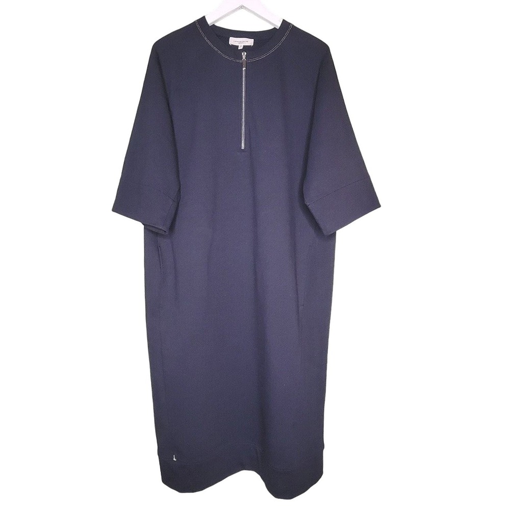 Lafayette 148 Hanover Ultra Comfort Dress Blue‎ Shift Short Sleeve Knit Pocket S